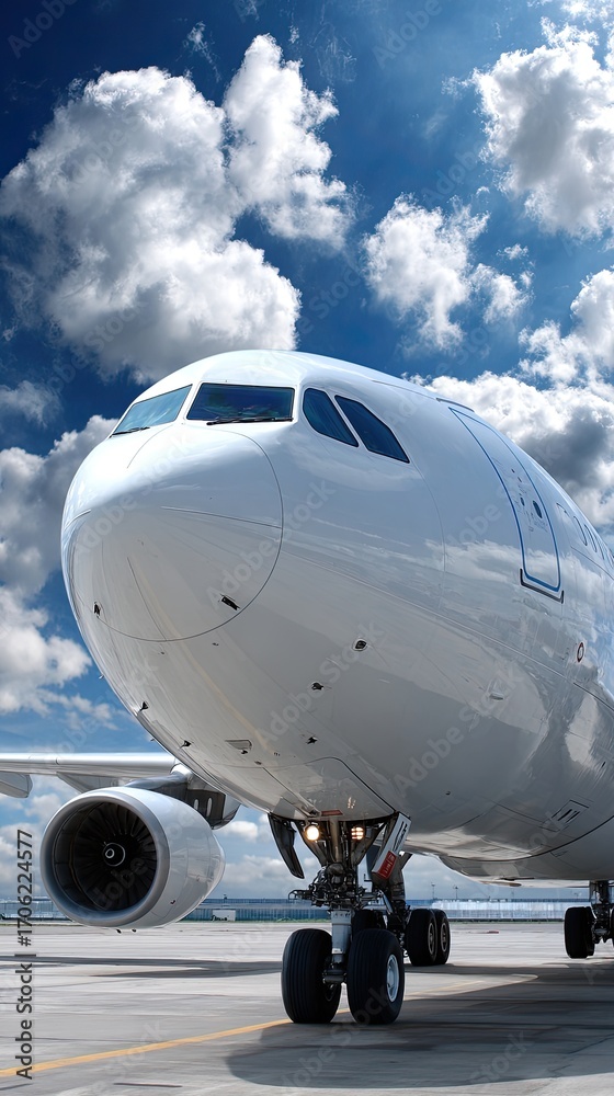 Obraz premium Detailed view of airplane nose and windows resting at an airport under a clear blue sky, highlighting the craftsmanship and design