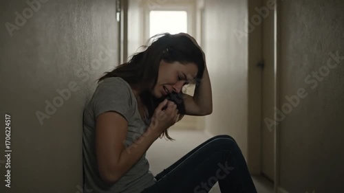 Heartbroken young woman crying sadly on the floor in a somber hallway experiencing profound emotional pain loneliness depression and mental health distress