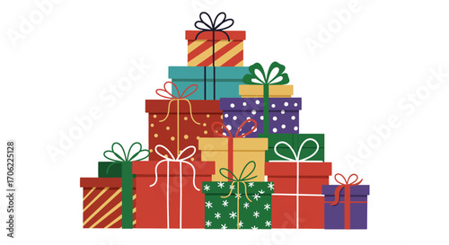 Colorful gift boxes with bows in festive stacked arrangement on white background