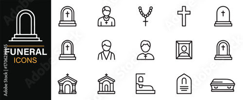 Sacred funeral vector icon pack with chapel, coffin, obituary, and cemetery items