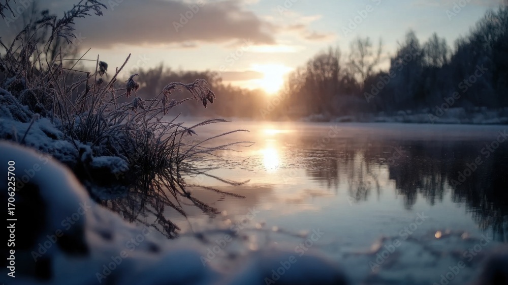 Fototapeta premium sunrise at winter countryside, Lake mirroring the Sun