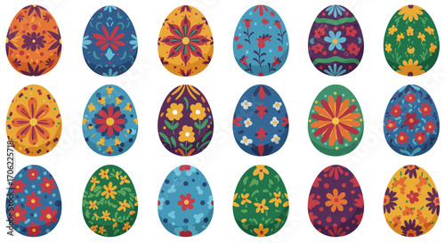 Colorful decorative easter eggs with floral patterns in flat style
