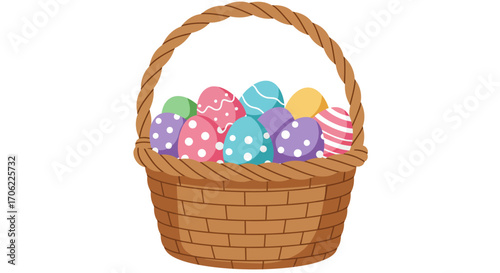 Colorful easter eggs in a basket on white background