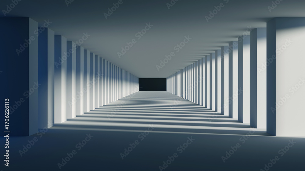 Obraz premium Modern Futuristic Minimal Architecture Interior and Exterior Designs with Blue Sky, Abstract Geometric Shapes, Clean Lines, Bright Light, Creative Backgrounds, 3D Render Illustration