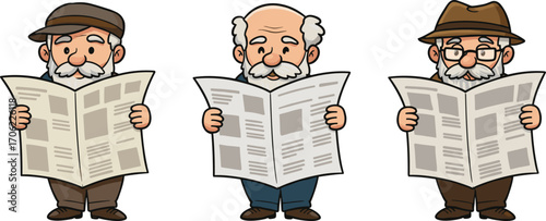 Cartoon Senior Men Reading Newspapers – Vector Illustration of Elderly Male Characters with Hats, Daily Routine, Morning News, Funny Grandpas