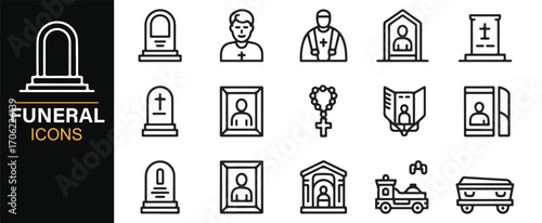 Death and remembrance icon pack including priest, obituary, crucifix, and chapel