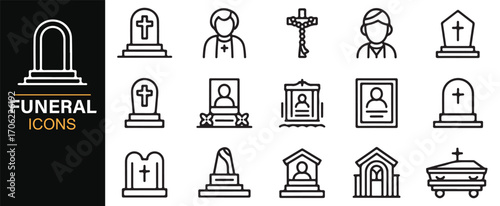 Editable stroke funeral icons set with tombstones, coffin, cross, and memorial symbols