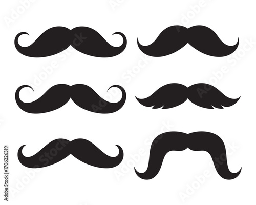 Set of six different illustrated mustaches, iconic facial hair styles for creative and vintage designs