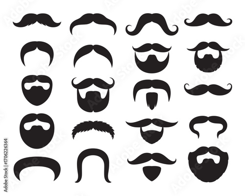 A diverse collection of black silhouette vector icons showcasing various styles of men's moustaches and beards, perfect for design elements 