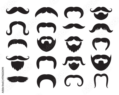 Collection of black vector mustache and beard silhouettes. Assortment of different gentleman facial hair styles for graphic design elements 
