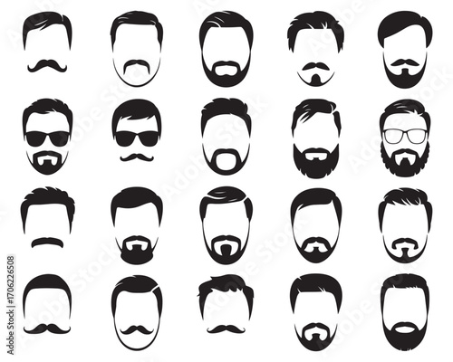 A comprehensive vector collection of monochrome male portraits featuring a variety of trendy hairstyles, beards, and mustaches, perfect for barbershop or style icons 