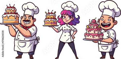Cartoon vector illustration of happy chefs and a girl in uniform proudly holding delicious layered cakes with fun decorative toppings