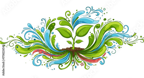 Vibrant floral design with sprouting plant and ornamental patterns