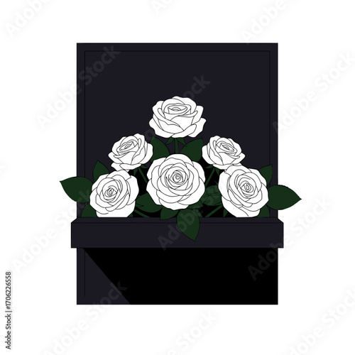 White roses on dark plaque in flat vector illustration with elegant remembrance mood on white background
