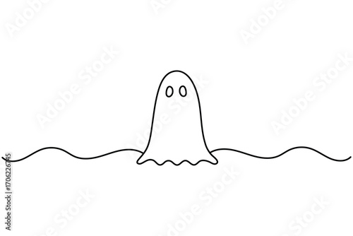 Cute Halloween ghost one line art illustration with smiling face on white background perfect for spooky design