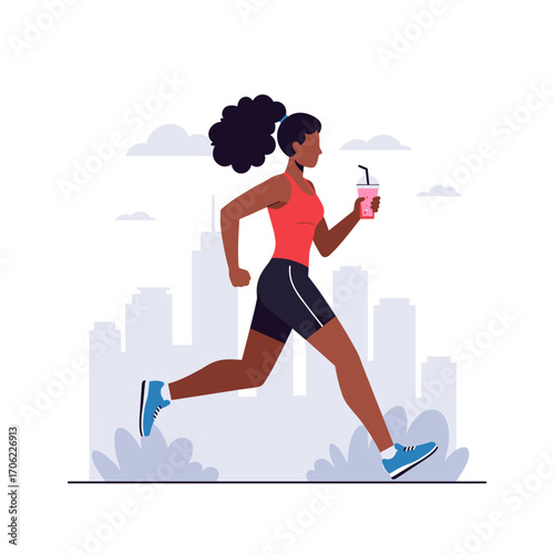 Woman mid-stride in sneakers holding smoothie in flat vector illustration with sporty look, city life and health-focused theme on white background