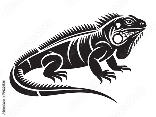 A stylized black and white iguana lizard vector graphic illustration. This bold reptile mascot or tribal tattoo design is isolated on a white background