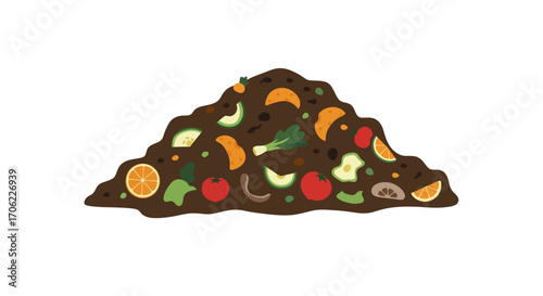 Colorful compost pile with organic food waste on white background