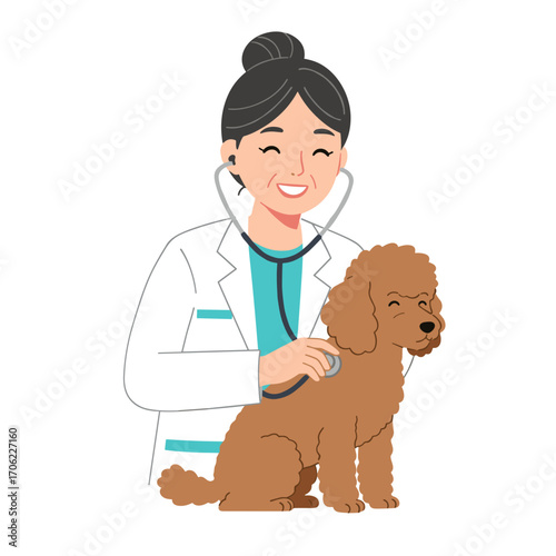 Smiling veterinarian listening to dog’s heart with stethoscope, flat vector style, compassionate veterinary service, white background with copy space
