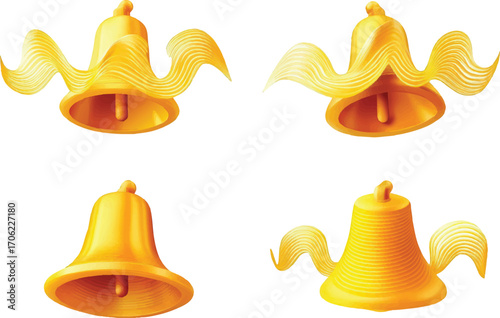 Four Golden Bells with Wavy Ribbons on White Background vector