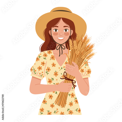 Smiling woman with warm mood, holding tied bundle of wheat representing rural lifestyle and autumn vibes, against white background