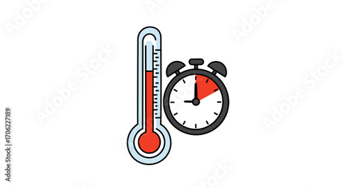 Thermometer and stopwatch showing temperature and time on white background