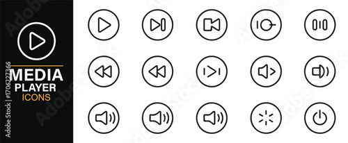 Media playback icons set including navigation, volume, and power buttons in line style