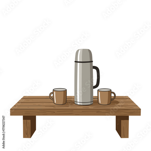 Thermos and two mugs on rustic wooden bench, flat vector style, cozy outdoor break, white background with copy space