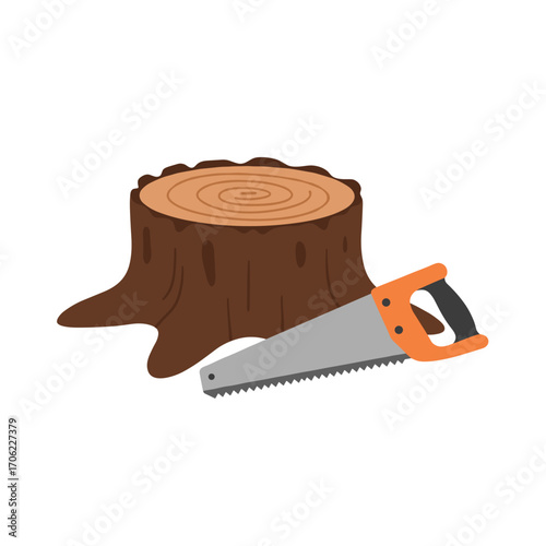 Tree stump with pruning saw beside it, flat vector style, garden work concept, white background with copy space