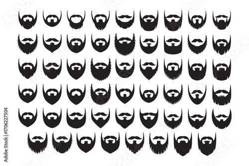 A diverse set of black silhouette vector icons featuring various styles of beards and mustaches for men's grooming and fashion concepts