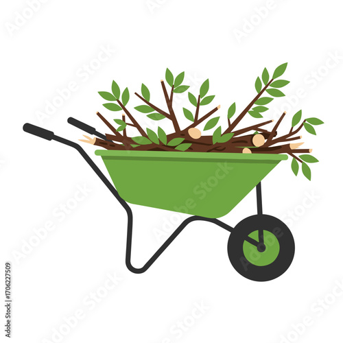 Garden wheelbarrow filled with freshly trimmed branches, flat vector illustration, backyard maintenance theme on white background
