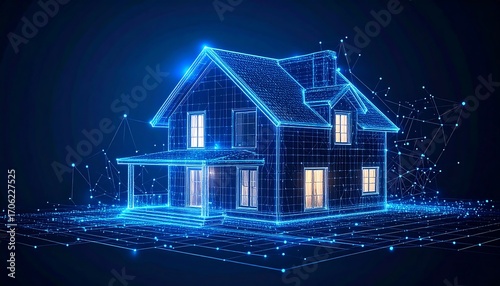 A glowing blue digital home rendering with connecting lines, set against a dark backdrop, representing smart technology