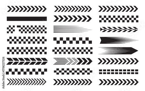 Vector collection of modern geometric race flag patterns featuring checkered stripes, speed lines, and chevron arrows for graphic design 