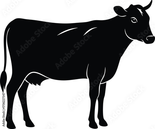 Black silhouette of a cow isolated on white background, vector illustration