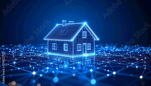 A glowing, blue digital house outline hovers above a network of interconnected points. Futuristic concept of smart home
