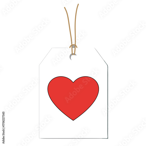 Heart cutout gift tag with string, flat vector style, romantic packaging design, white background with copy space