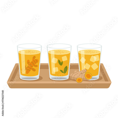 Herbal drinks with turmeric and ginger in flat vector illustration on wooden tray, healthy detox concept on white background