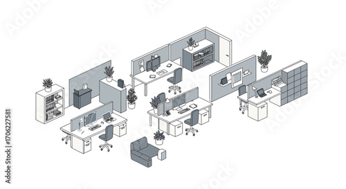 Modern isometric office layout with desks and plants