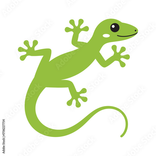 Cute green gecko lizard cartoon character vector illustration. Simple flat design icon of a smiling reptile isolated on a white background