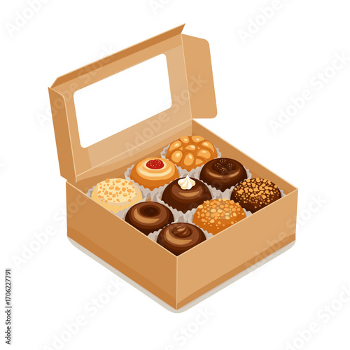 Open kraft dessert box with assorted pastries, flat vector illustration, natural and organic food packaging on white background, with copy space