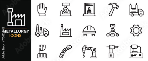 Thin line editable metallurgy symbols for industry, automation, and manufacturing