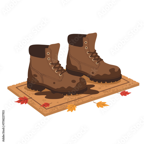 Side view of muddy boots drying on doormat, flat vector illustration, autumn weather and home hygiene theme on white background