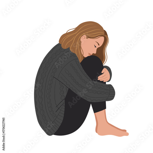 Woman in cozy sweater hugging knees in flat vector side view illustration with introspective and calm mood on white background