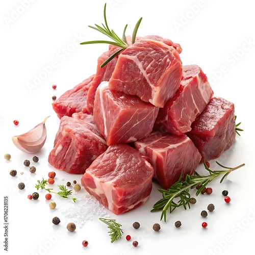 Raw beef and goat meat cubes with herbs and spices ready for cooking