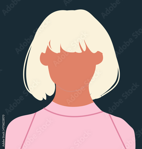 Girl, blank empty face portrait. Abstract faceless female head , blonde with bob. Hand drawn vector illustration.