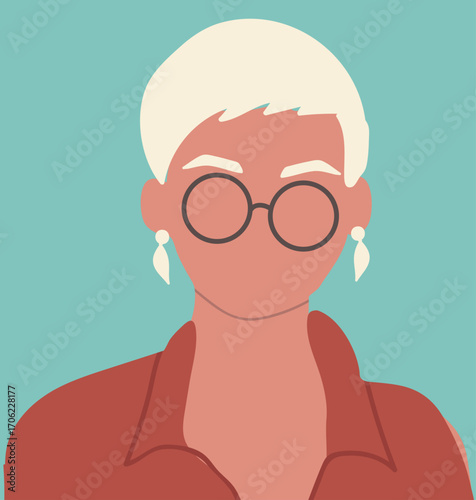 Girl, blank empty face portrait. Abstract faceless female head , blonde with short hair, glasses. Hand drawn vector illustration.