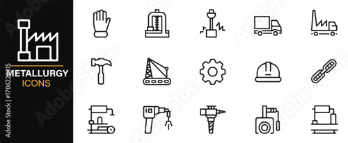 Heavy machinery metallurgy icons set with truck, drill, crane, and production tools