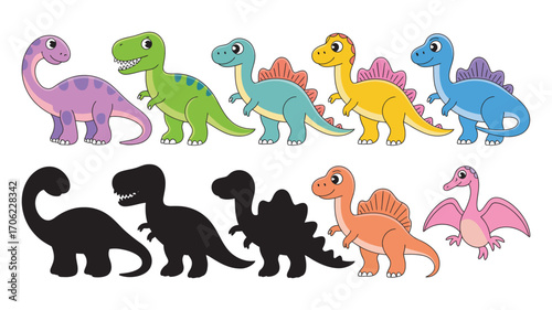 A colorful vector collection of cute cartoon dinosaurs with matching silhouettes. Fun prehistoric animal educational game for children's learning