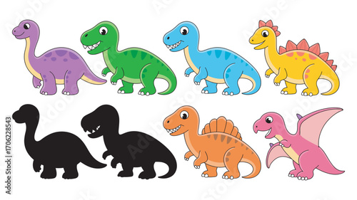 A vibrant collection of cute cartoon dinosaurs and their silhouettes, including T-Rex, Stegosaurus, and Pterodactyl. Adorable prehistoric animal characters vector set for kids a