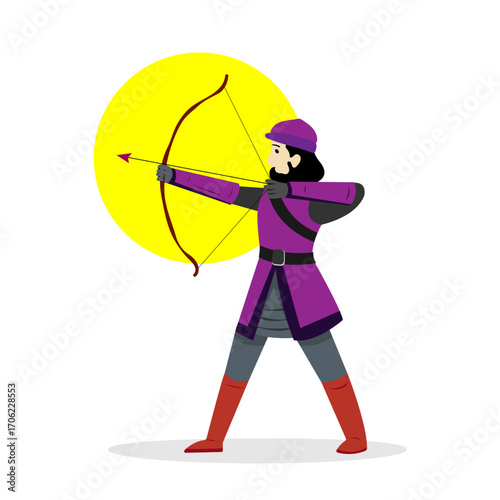Archer on sun background shooter flat vector character with shadow